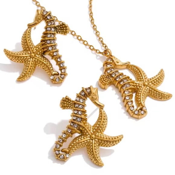 Seahorse Starfish Crystal 18K Gold Stainless Steel Waterproof Jewelry Set - Picture 1 of 16